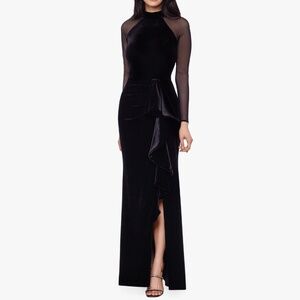 Betsy & Adam ‎ - Valentina Long Velvet Mesh Illusion Sleeve Dress